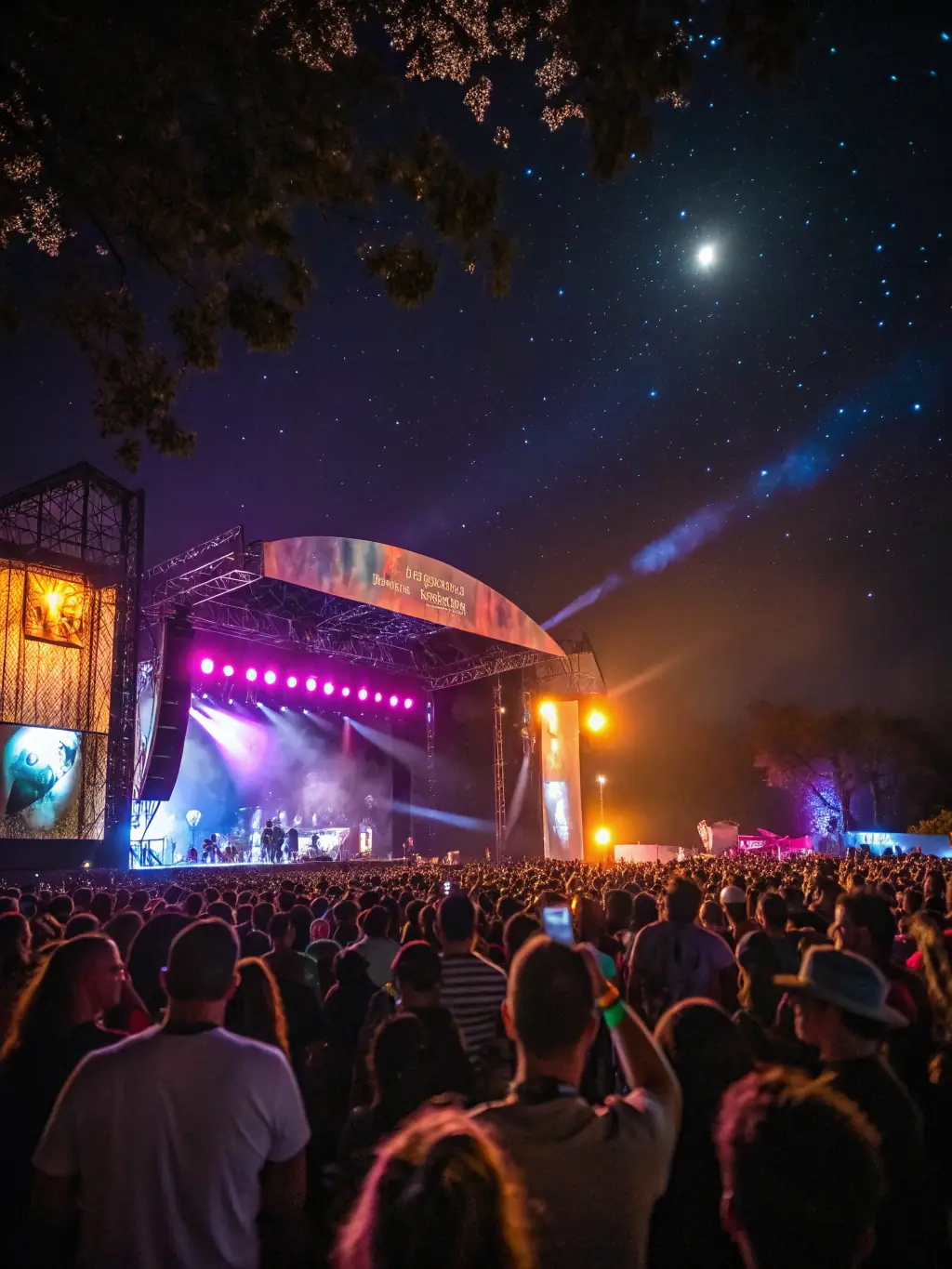 A photograph capturing a scene from one of Ninety's Story Company's music festivals, with multiple stages and diverse musical acts performing throughout the day.