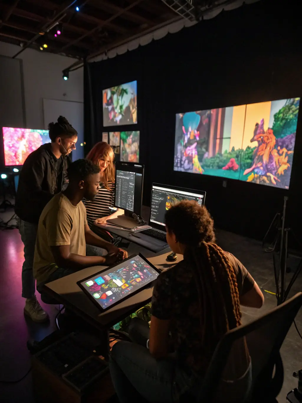 A collaborative art project supported by Ninety's Story Company, showing artists working together on a mural or installation in a public space.